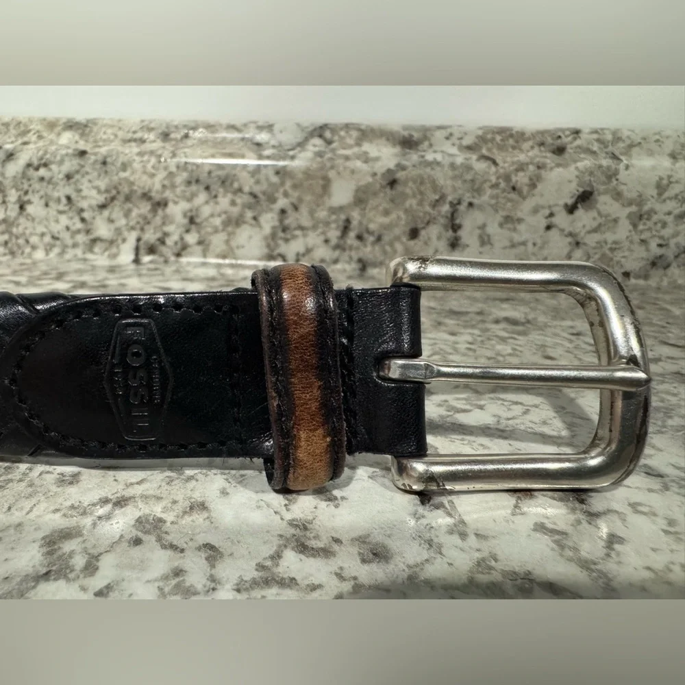 Fossil Leather Belt 46” Woven Distressed Black MB3040001 Silver Buckle